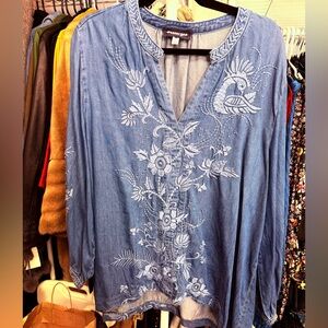 Johnny Was Blue Embroidered Blouse